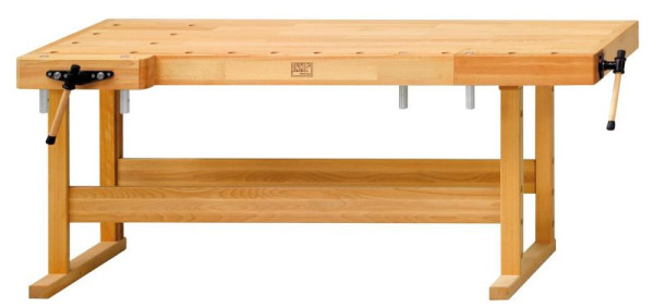 Pracovné stoly ANKE pracovný stôl; 2080 x 850 x 890 mm; Rozpätie predného zveráka 155 mm, zadného zveráka 160 mm, doska bez náhradnej misky, s 2 pármi hliníkových kruhových hákov na lavicu, 800 000