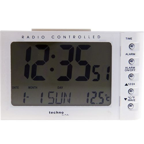 Rádiom riadený budík Technoline biely, rádiom riadené hodiny s možnosťou manuálneho nastavenia, rozmery: 115 x 73 x 75 mm, WT 188 biela