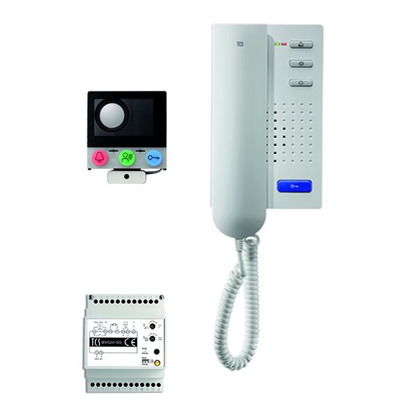 Systém ovládania dverí TCS audio:balová inštalácia pre 1 bytovú jednotku, so vstavaným reproduktorom ASI12000, 1x domový telefón ISH3130, riadiaca jednotka BVS20, PAIH010/002