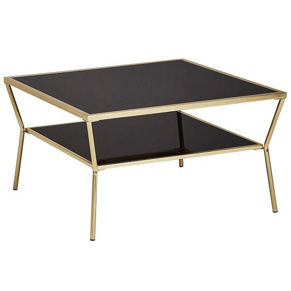 Wohnling Design konferenčný stolík sklo čierny 70 x 70 cm 2 úrovne zlatý kovový rám, štvorec, WL5.992