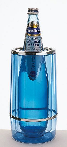 APS chladič fliaš, vonkajší Ø 12 cm, výška: 23 cm, PS, modrý priehľadný, vnútorný Ø 10 cm, dvojplášťový, okraj / krúžok pochrómovaný, 36034