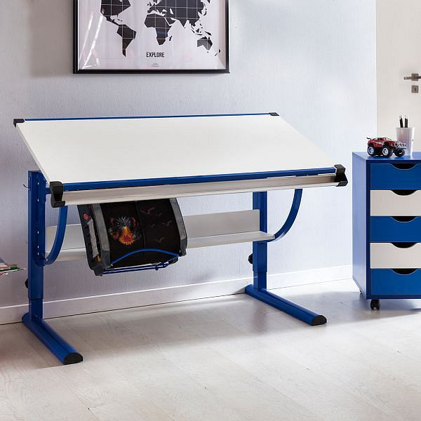 Wohnling Design detský písací stôl MORITZ drevo 120 x 60 cm modrá / biela, nastaviteľný sklon, WL5.127