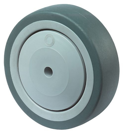 BS kolieska gumené koliesko, šírka kolieska 32 mm, Ø kolieska 150 mm, nosnosť 100 kg, behúň z gumy sivej, telo kolieska plastové, guličkové ložiská, A85.151