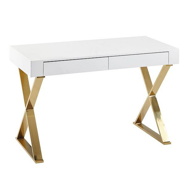 Wohnling Stôl 118x76x57 cm Drevo Biele Kovové nohy s vysokým leskom Zlatý dizajn Počítačový stôl PC stôl Kancelársky stôl Moderný WL6.314