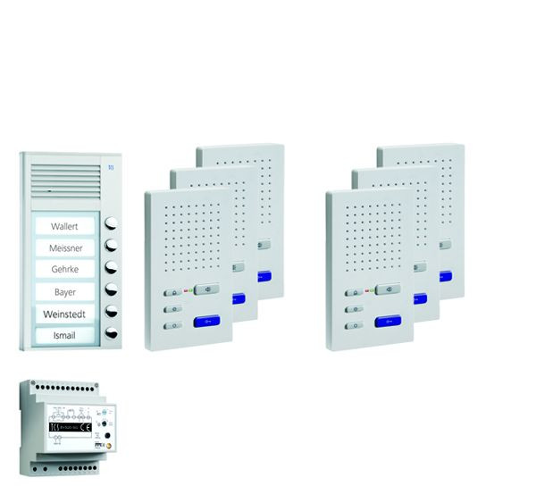 Systém ovládania dverí TCS audio:pack AP pre 6 bytových jednotiek, s vonkajšou stanicou PAK 6 zvonkových tlačidiel, 6x handsfree reproduktor ISW3030, ovládacie zariadenie BVS20, PPAF06-SK/02